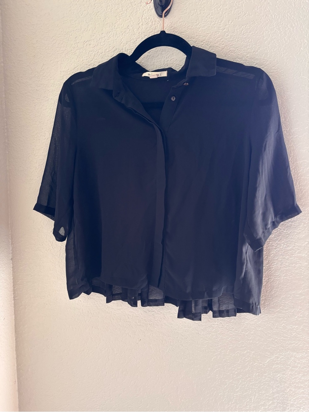 pleated Black Short-Sleeve Button Down Blouse work business office career